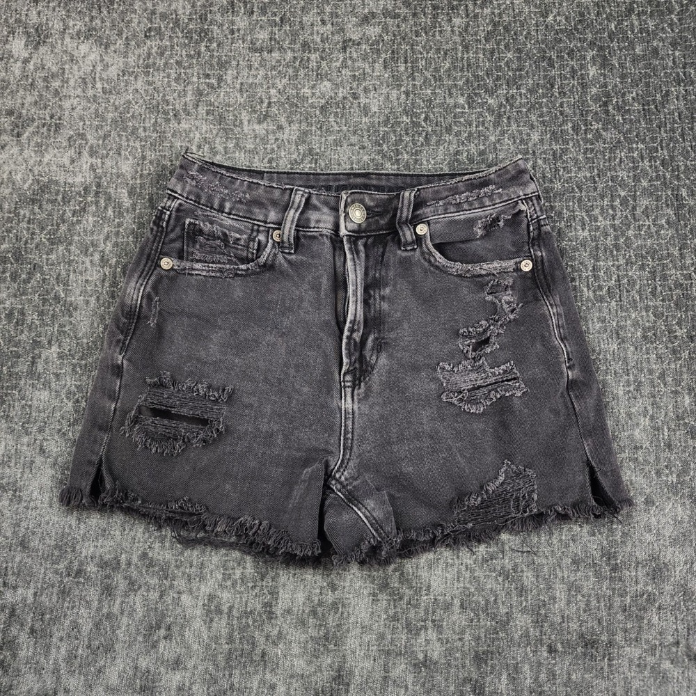 American Eagle Denim Jean Shorts Women 4 Black Distressed Raw Hem High Rise